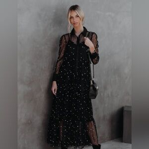 New VICI -English Factory EMBROIDERED Elegant Black Sheer Polka Dot Dress